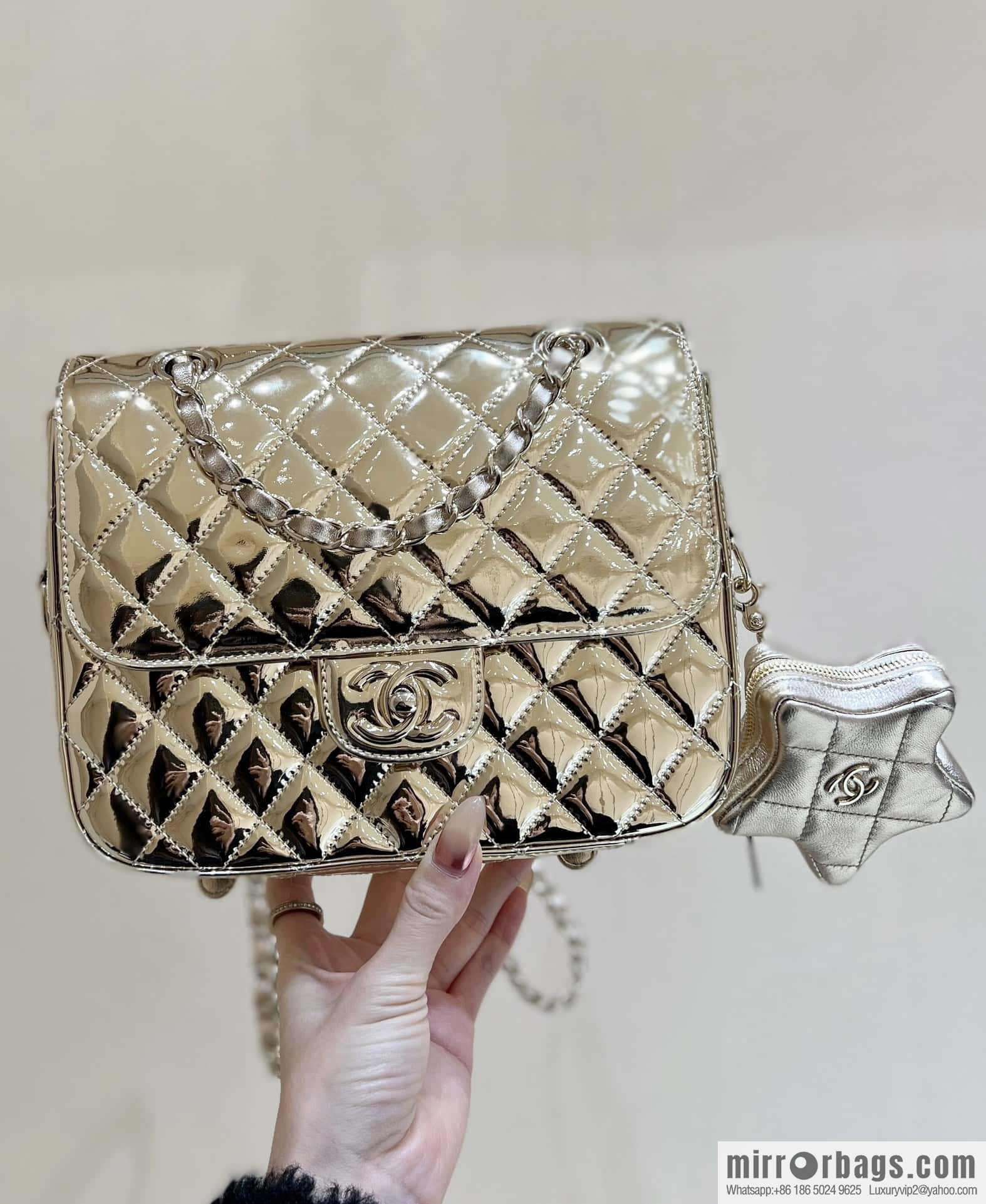 CHANEL 24C early spring vacation series catwalk model patent leather double backpack AS4649 gold