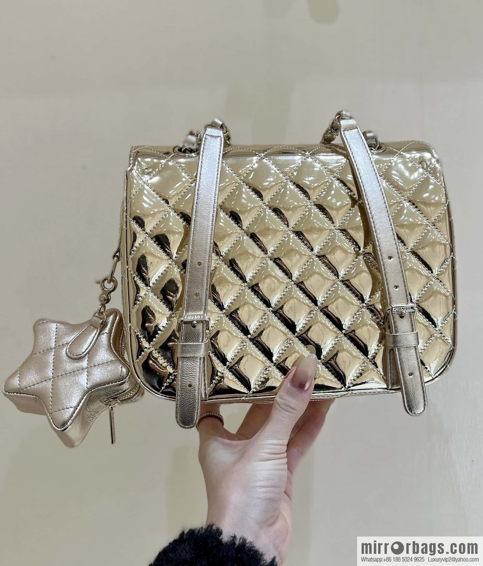 CHANEL 24C early spring vacation series catwalk model patent leather double backpack AS4649 gold