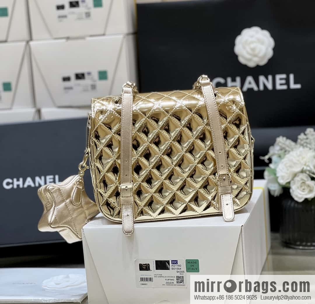 CHANEL 24C early spring vacation series catwalk model patent leather double backpack AS4649 gold