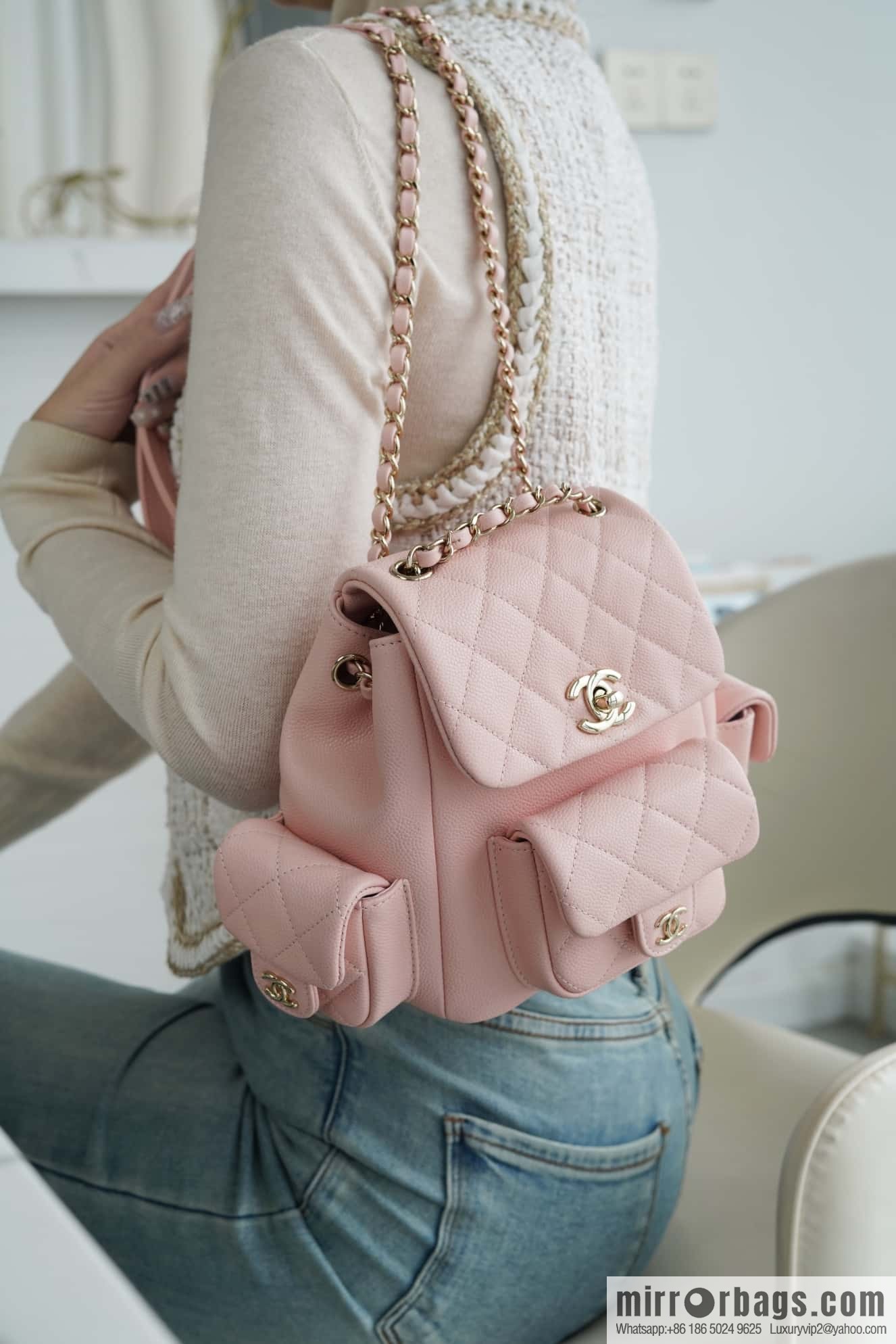 CHANEL 23K new, tank Dumas small shoulder backpack AS4399 light pink