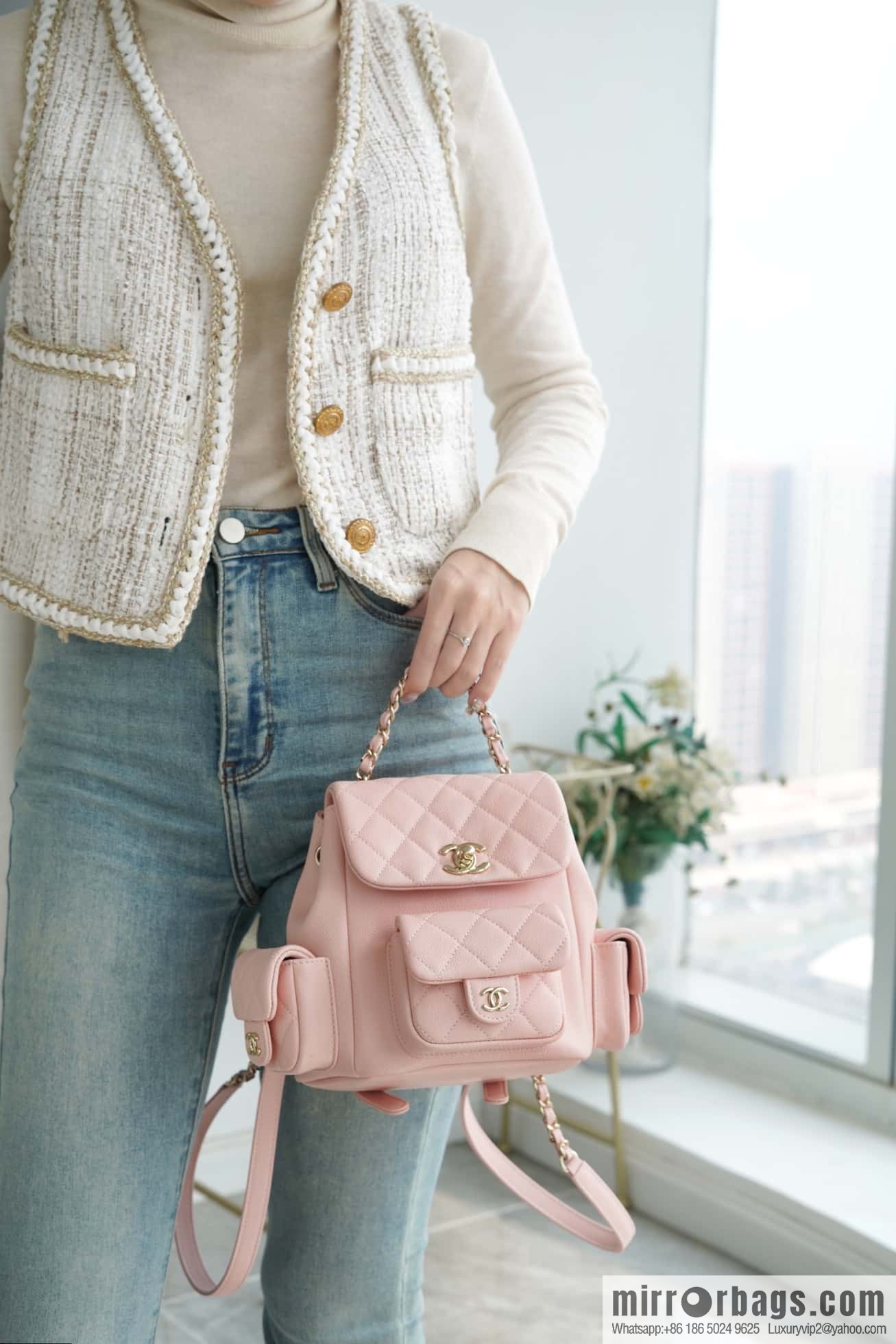 CHANEL 23K new, tank Dumas small shoulder backpack AS4399 light pink