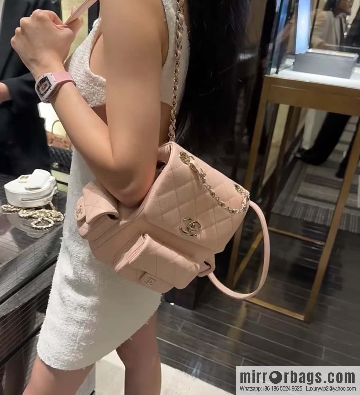 CHANEL 23K new, tank Dumas large shoulder backpack AS4398 light pink