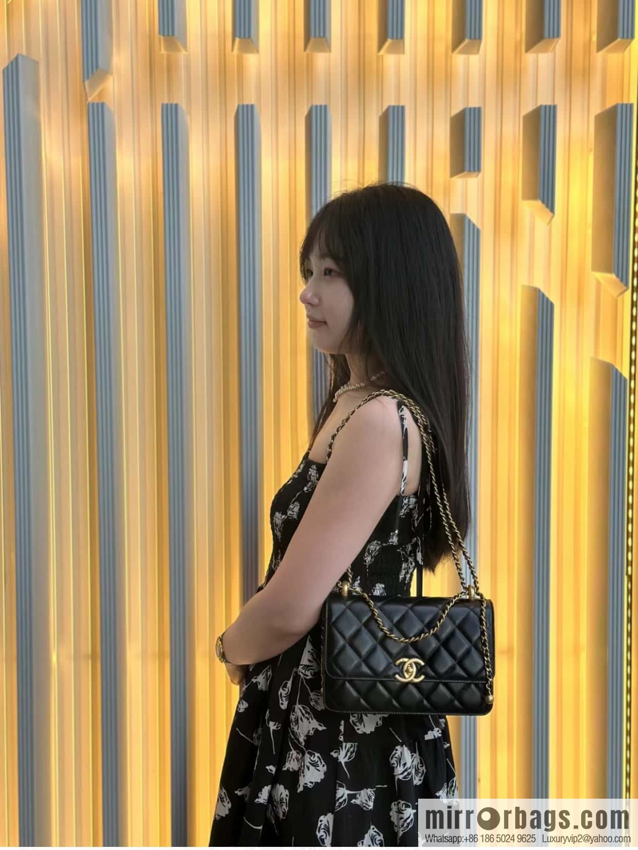 CHANEL 24C Original calfskin, double gold ball black AS2649