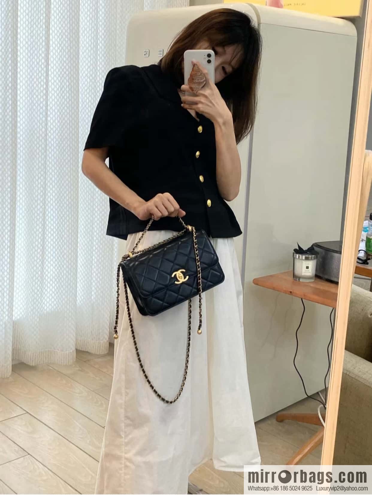 CHANEL 24C Original calfskin, double gold ball black AS2649