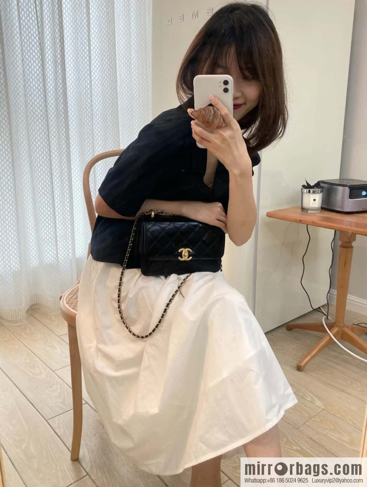 CHANEL 24C Original calfskin, double gold ball black AS2649