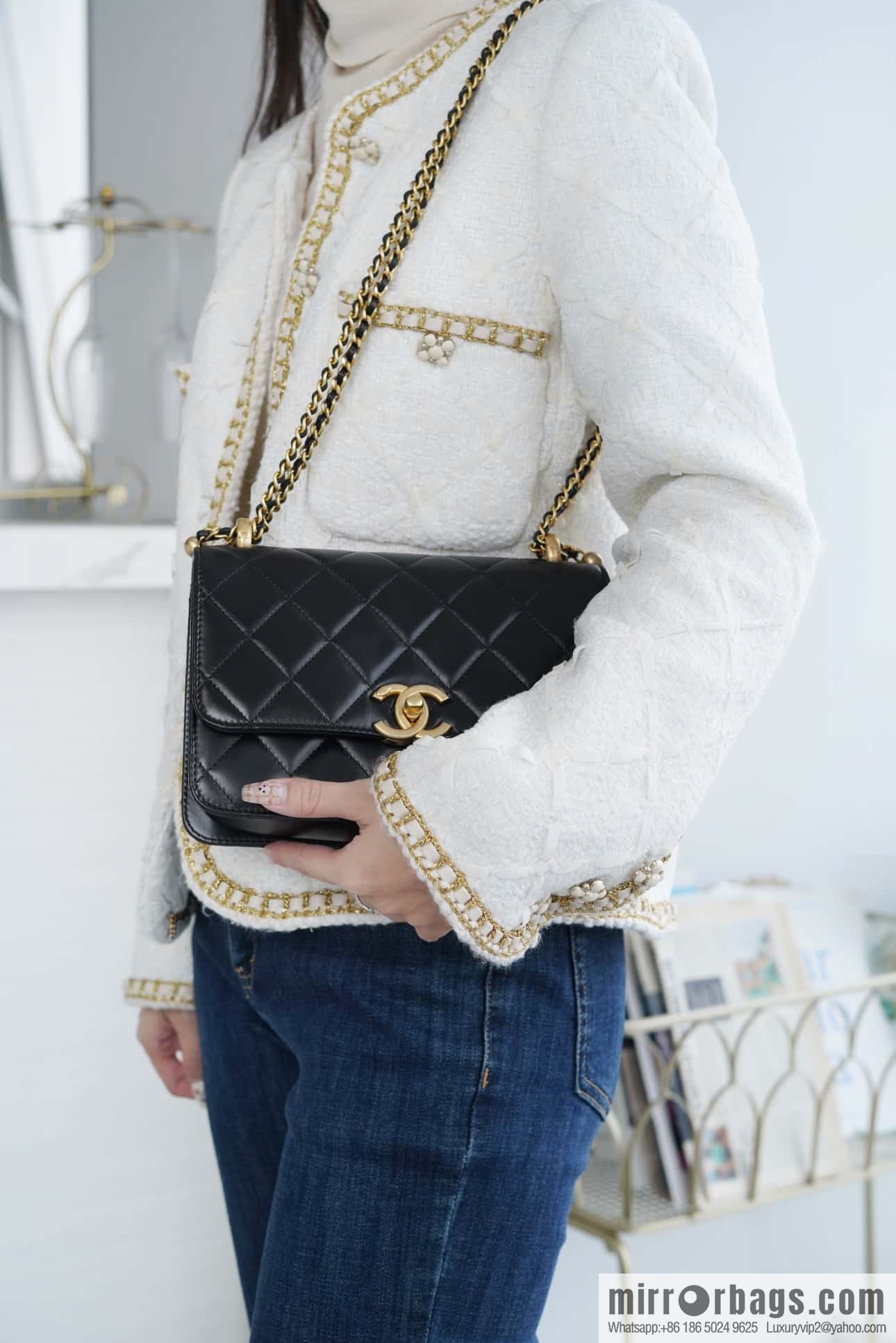 CHANEL 24C Original calfskin, double gold ball black AS2649