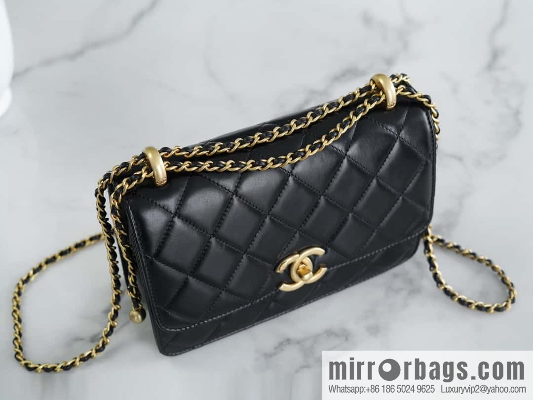CHANEL 24C Original calfskin, double gold ball black AS2649