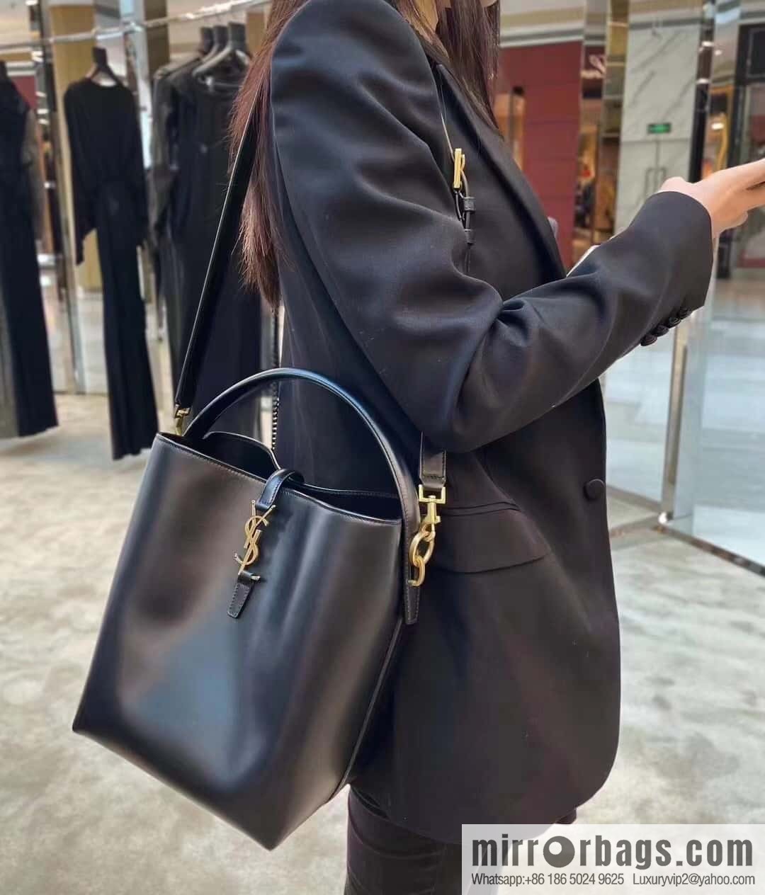 SAINT LAURENT YSL Glossy leather (fabric) large bucket bag 742828 black gold