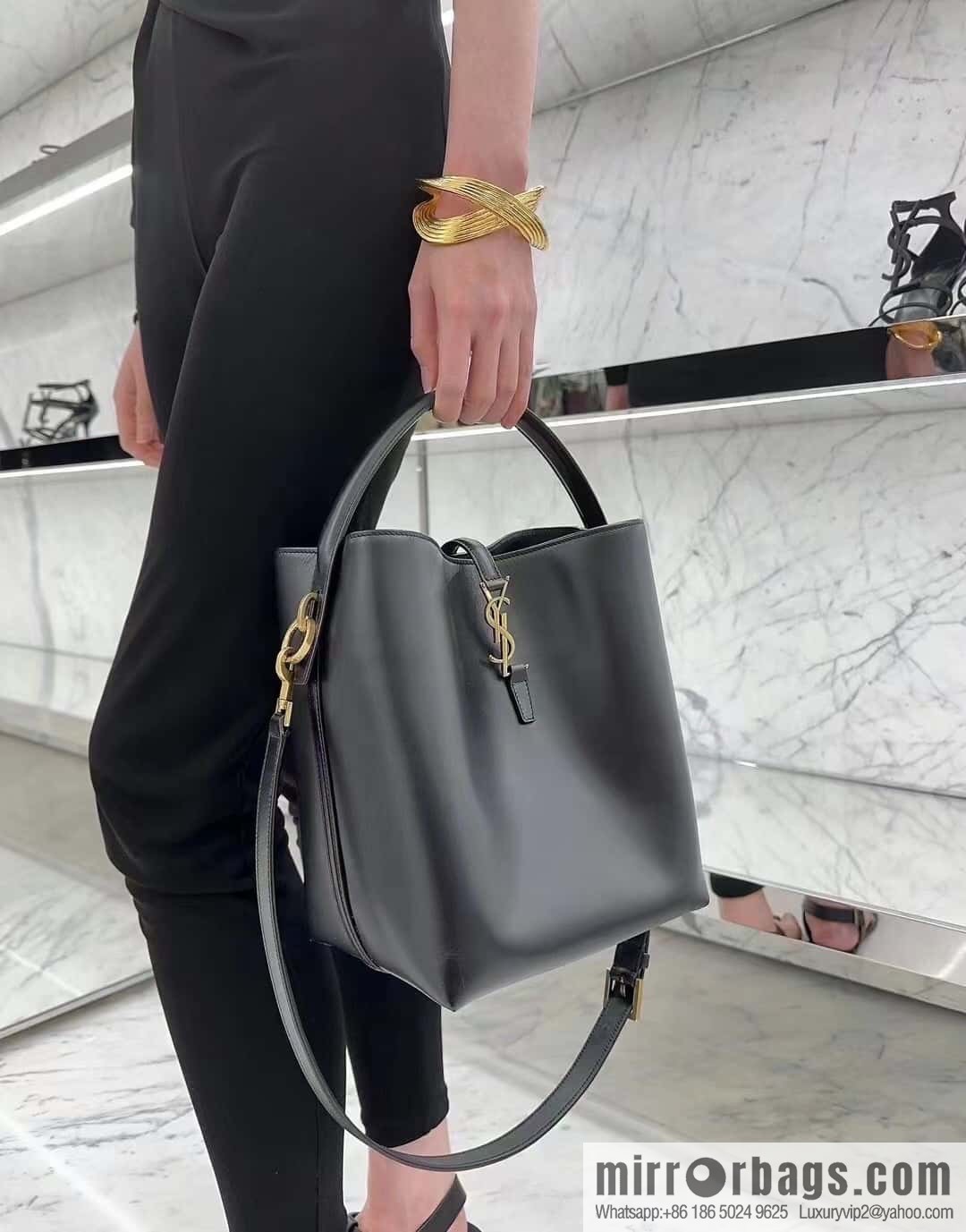 SAINT LAURENT YSL Glossy leather (fabric) large bucket bag 742828 black gold