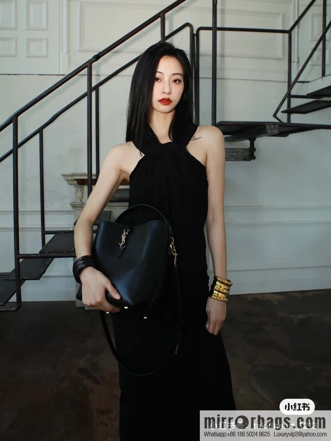 SAINT LAURENT YSL Glossy leather (fabric) large bucket bag 742828 black gold