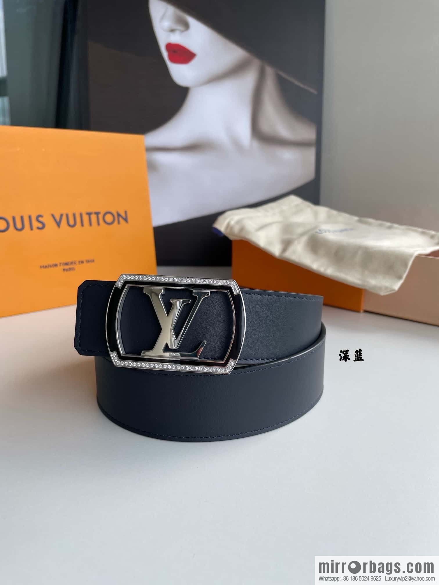LV/Louis Vuitton, Stainless Steel Letter Square Resin Craft Diamond Inlaid Metal Buckle 4.0cm Belt
