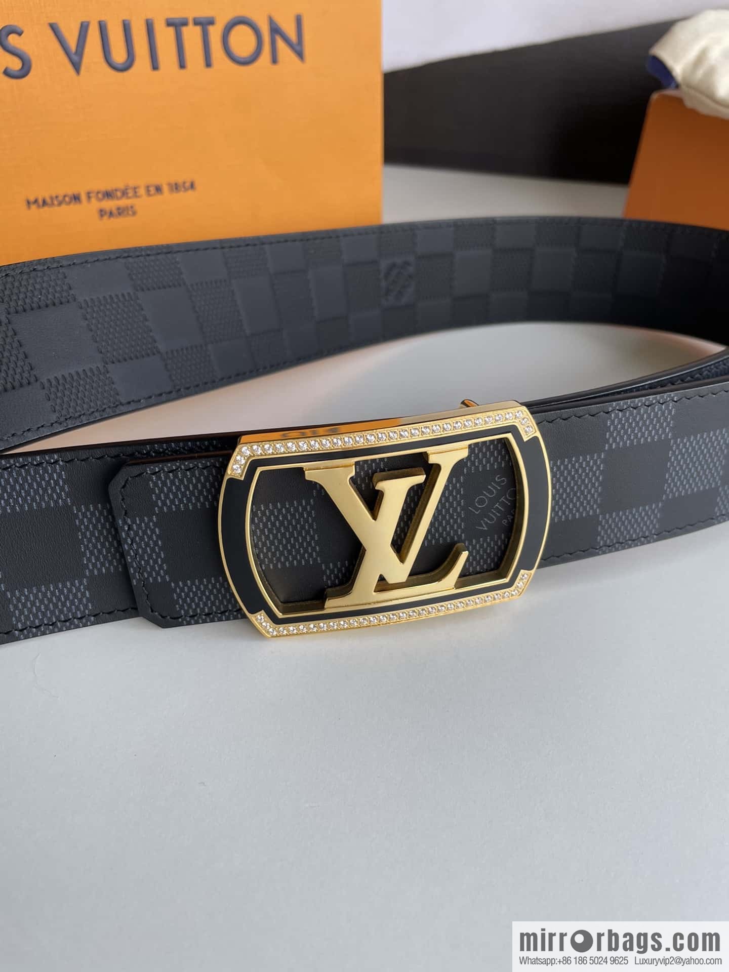 LV/Louis Vuitton, Stainless Steel Letter Square Resin Craft Diamond Inlaid Metal Buckle 4.0cm Belt