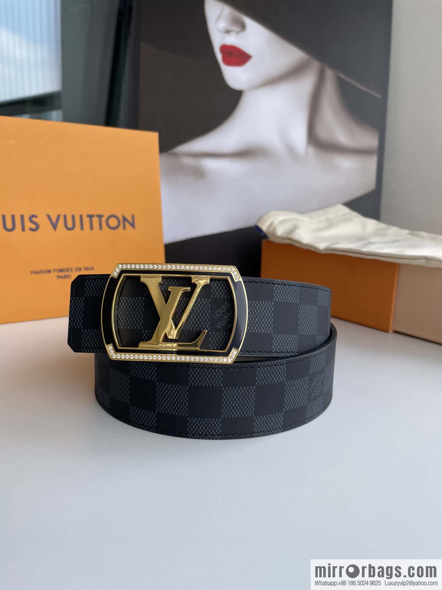 LV/Louis Vuitton, Stainless Steel Letter Square Resin Craft Diamond Inlaid Metal Buckle 4.0cm Belt