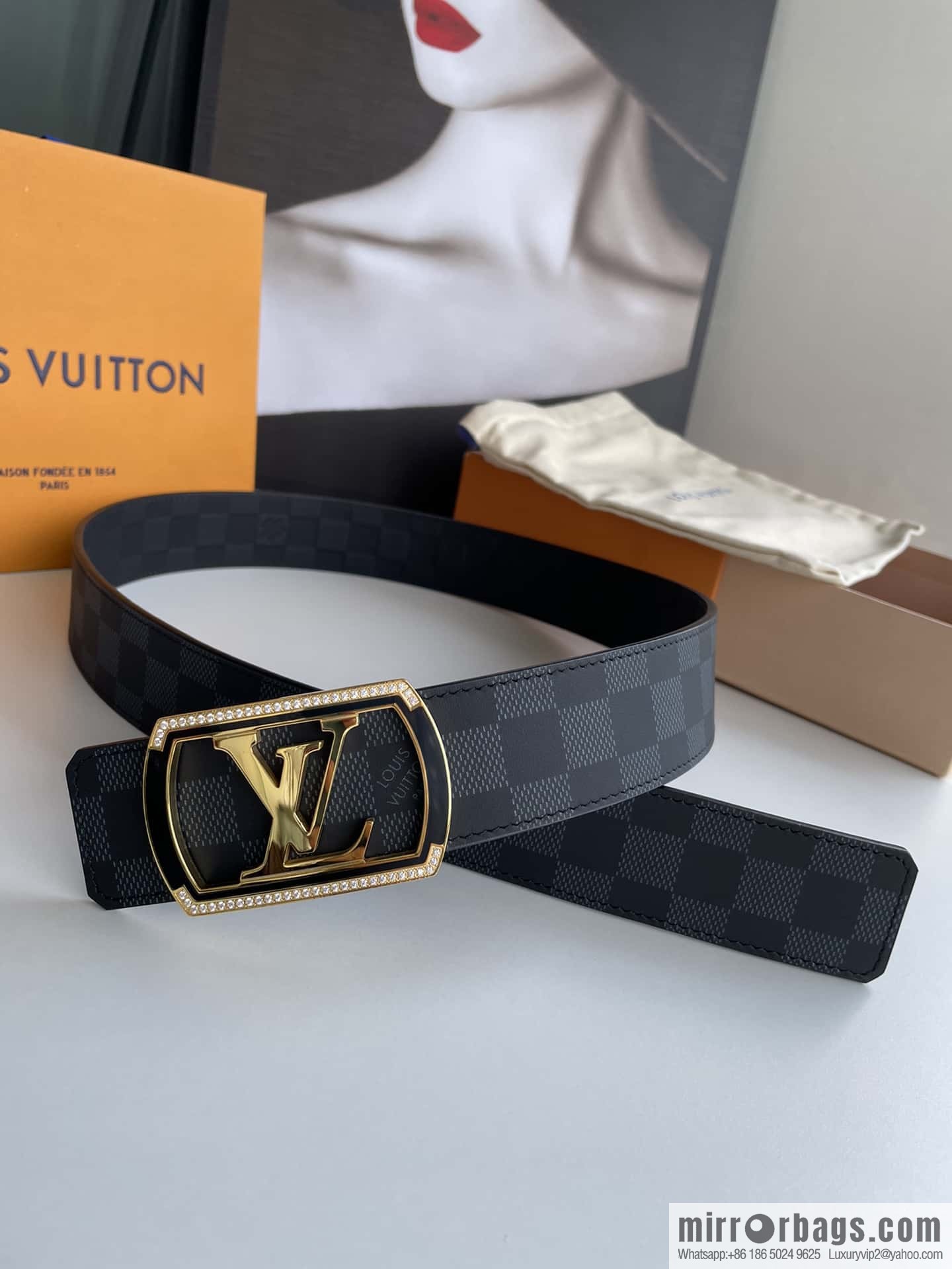LV/Louis Vuitton, Stainless Steel Letter Square Resin Craft Diamond Inlaid Metal Buckle 4.0cm Belt