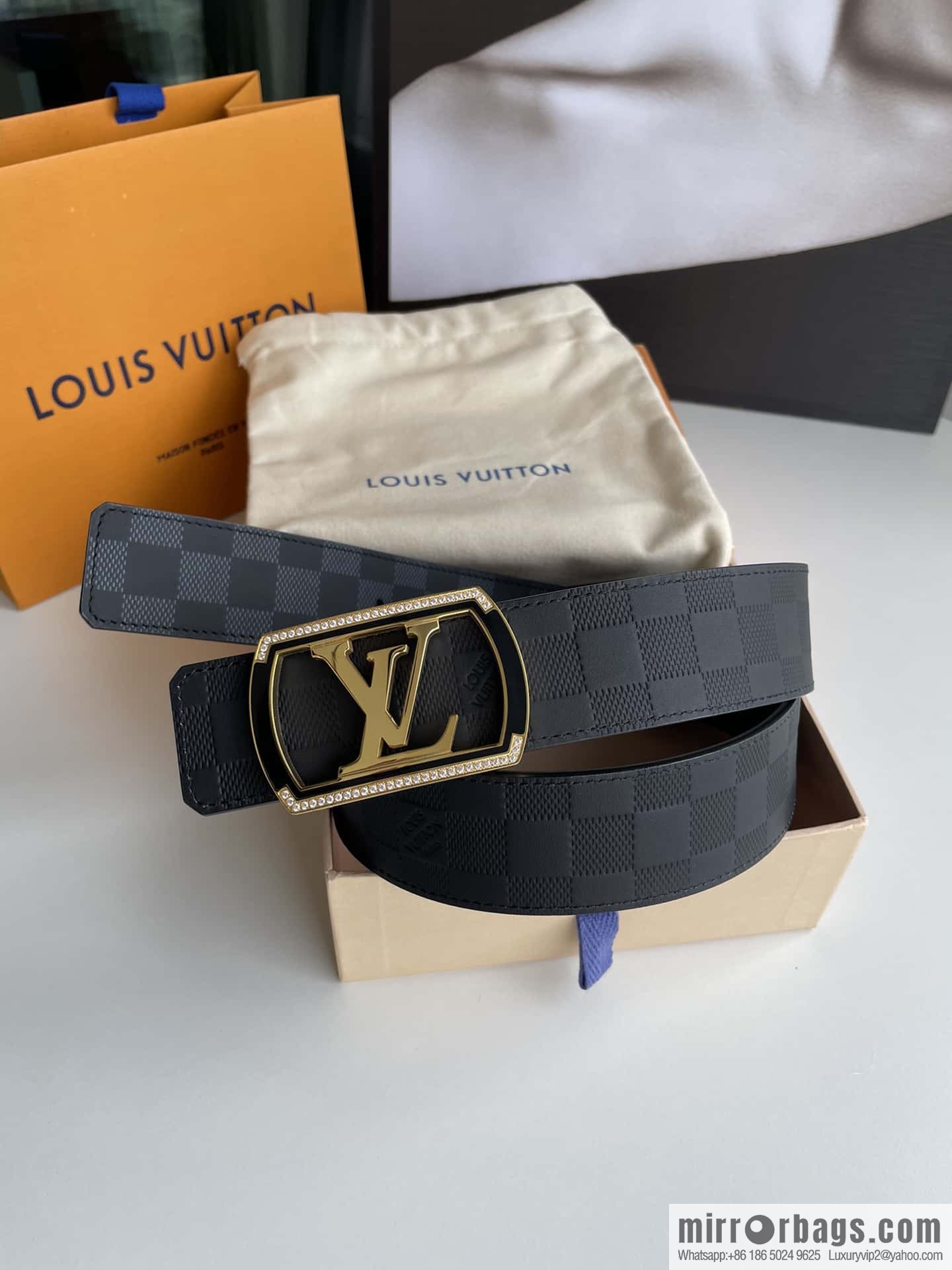 LV/Louis Vuitton, Stainless Steel Letter Square Resin Craft Diamond Inlaid Metal Buckle 4.0cm Belt