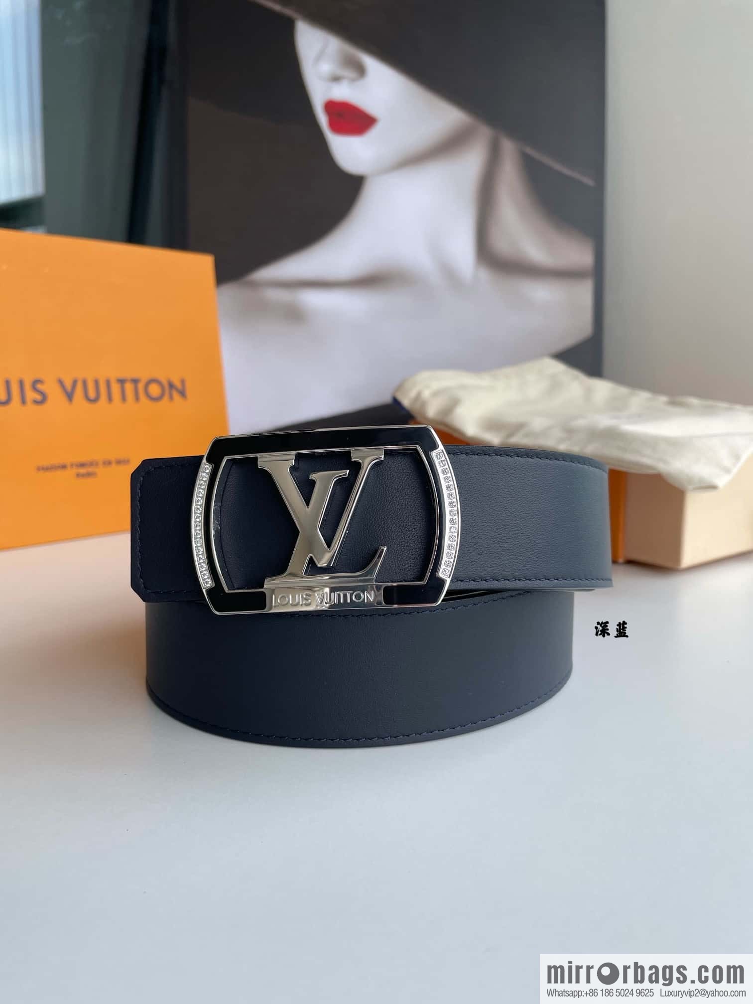 LV/Louis Vuitton, Stainless Steel Letter Square Resin Craft Diamond Inlaid Metal Buckle 4.0cm Belt