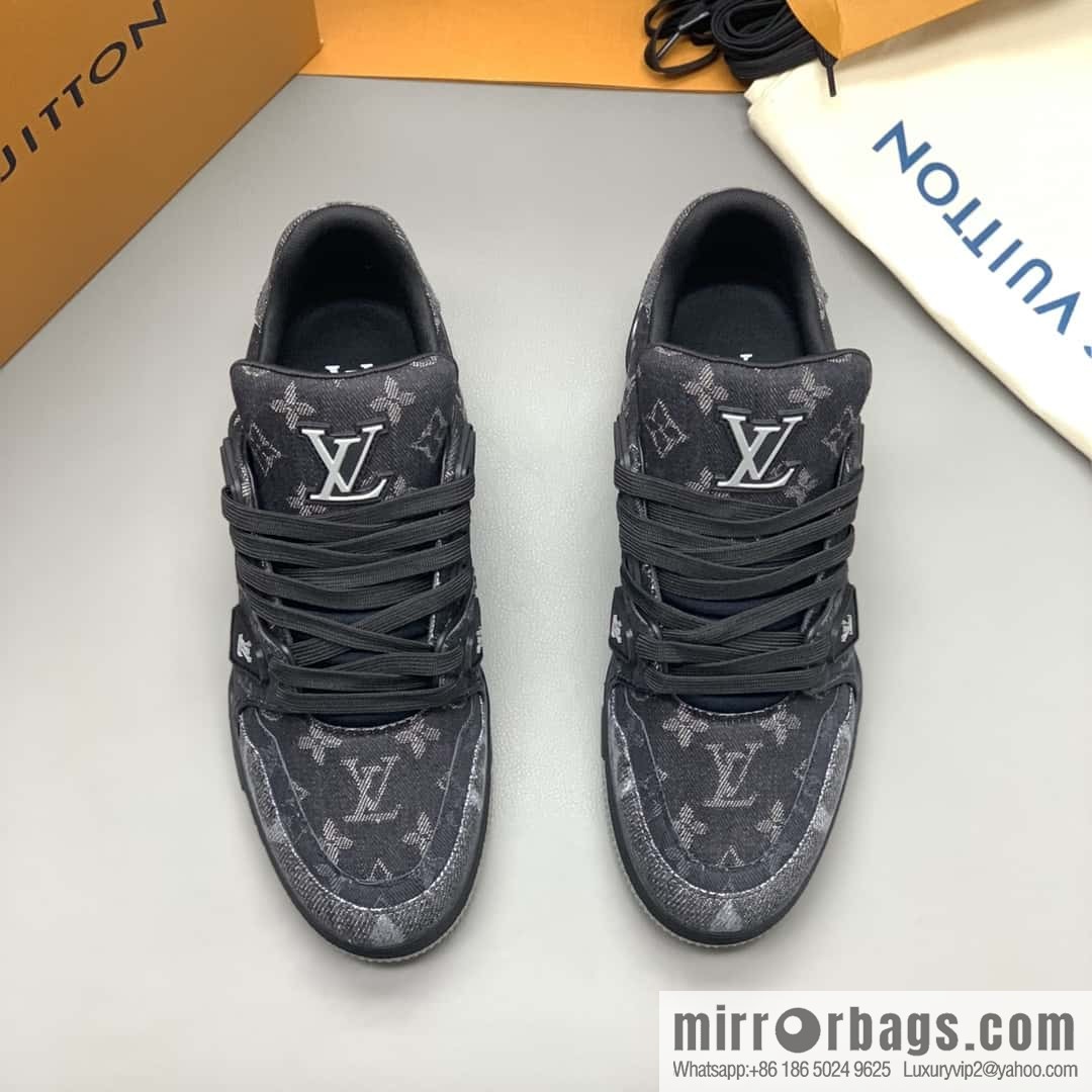 LV/Louis Vuitton, black denim men's sports and leisure shoes
