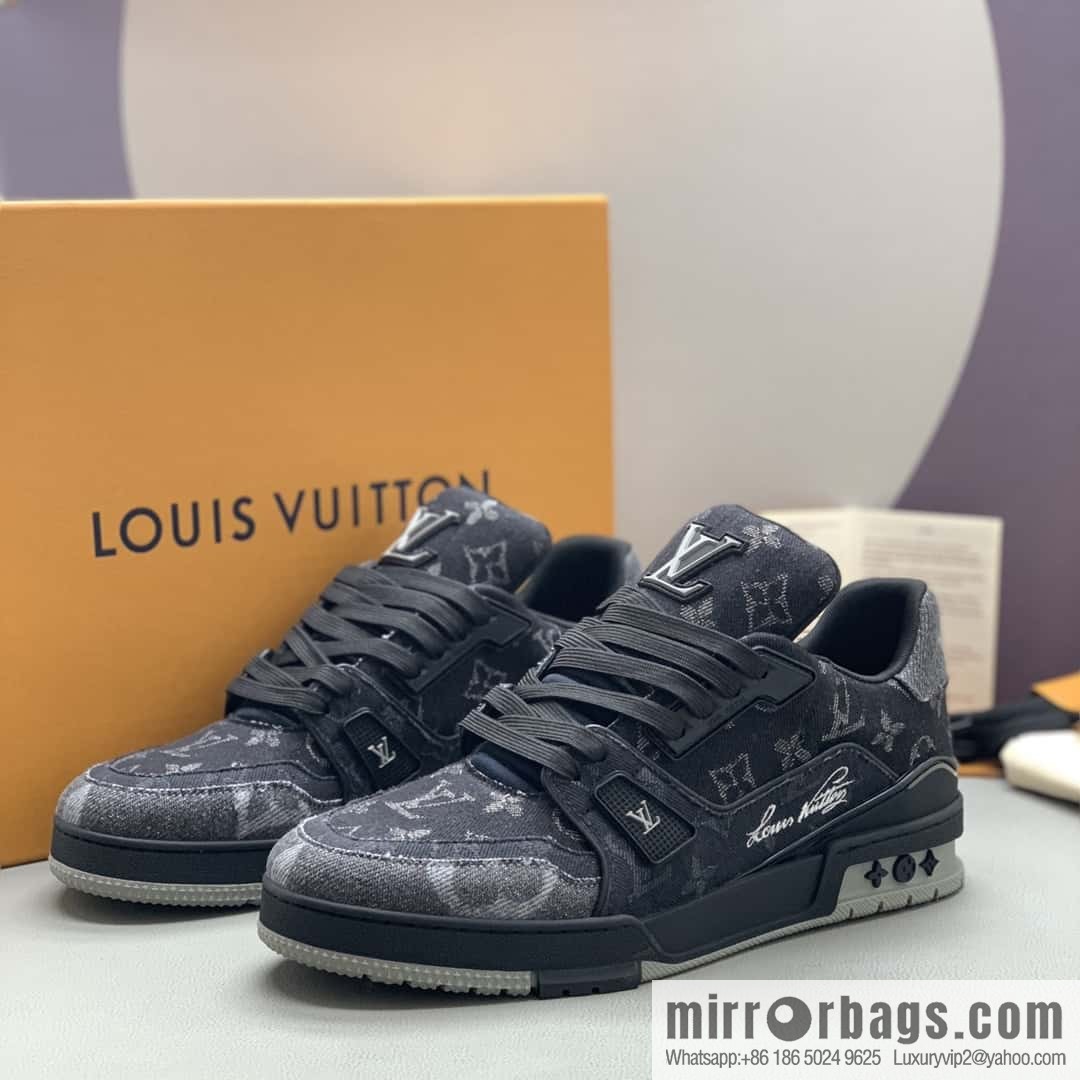 LV/Louis Vuitton, black denim men's sports and leisure shoes