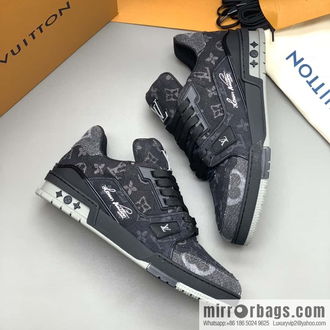 LV/Louis Vuitton, black denim men's sports and leisure shoes