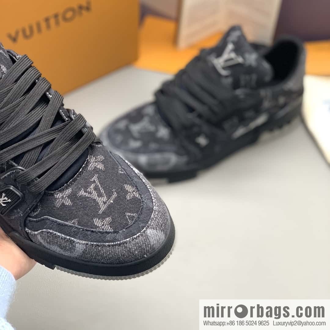LV/Louis Vuitton, black denim men's sports and leisure shoes