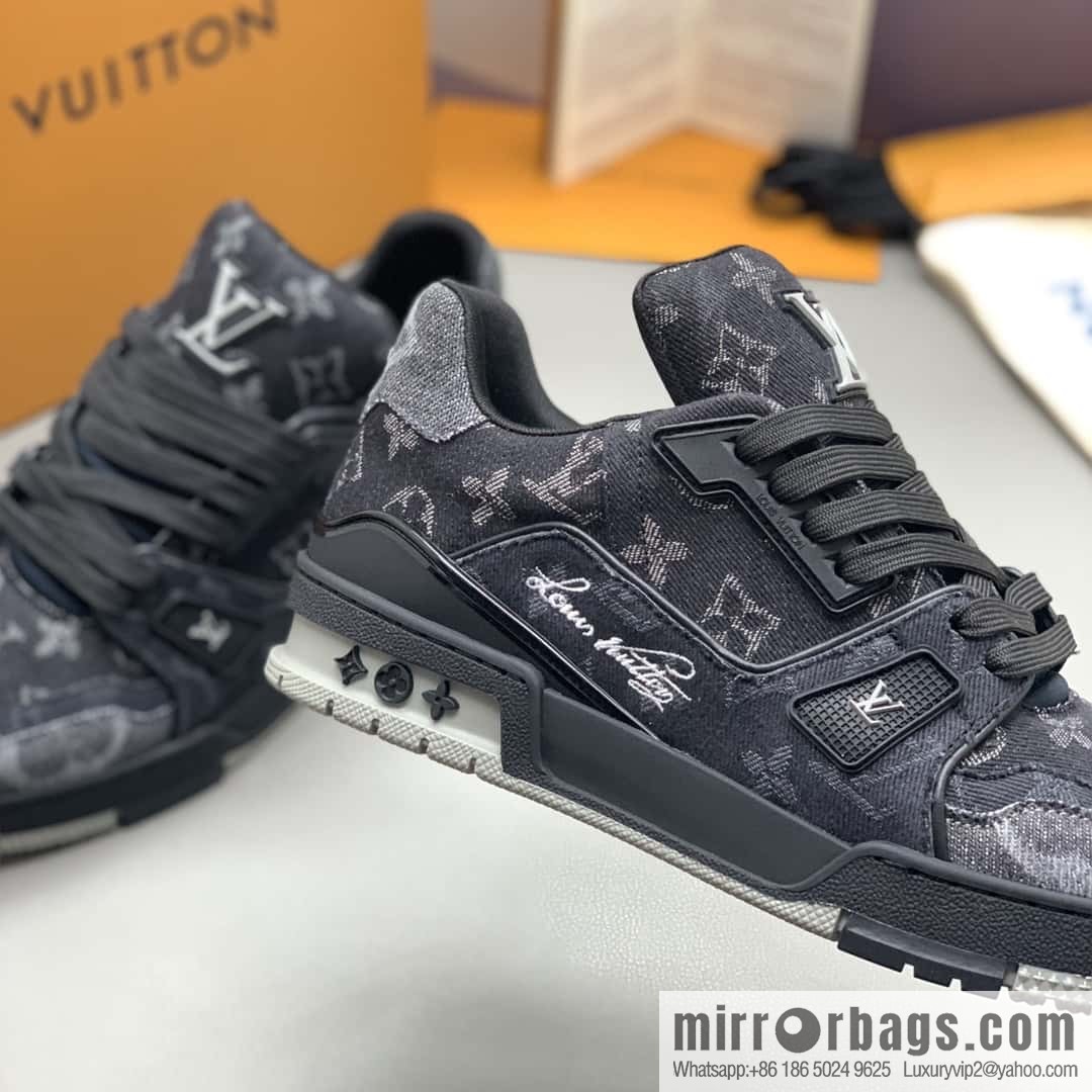LV/Louis Vuitton, black denim men's sports and leisure shoes