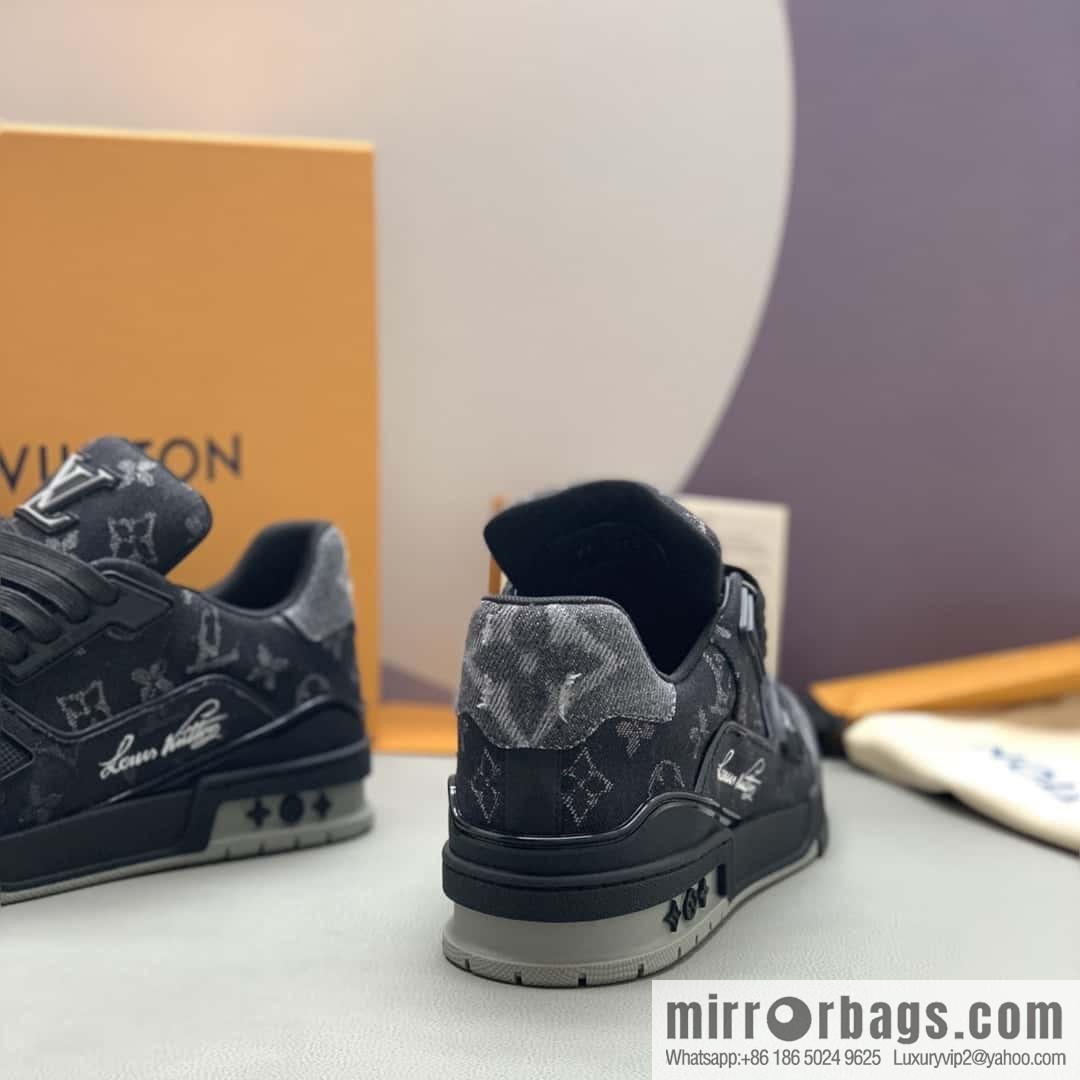 LV/Louis Vuitton, black denim men's sports and leisure shoes