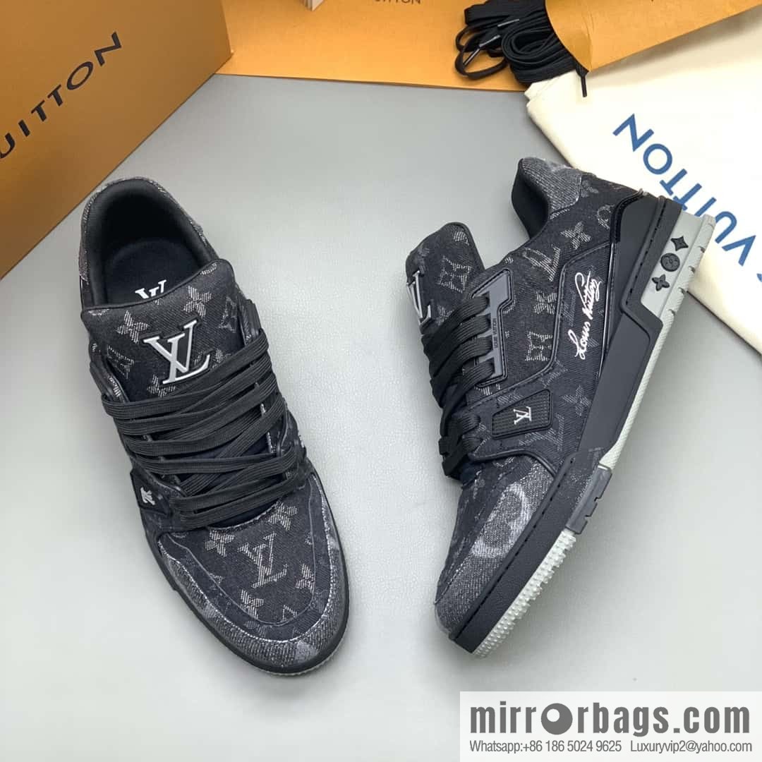 LV/Louis Vuitton, black denim men's sports and leisure shoes