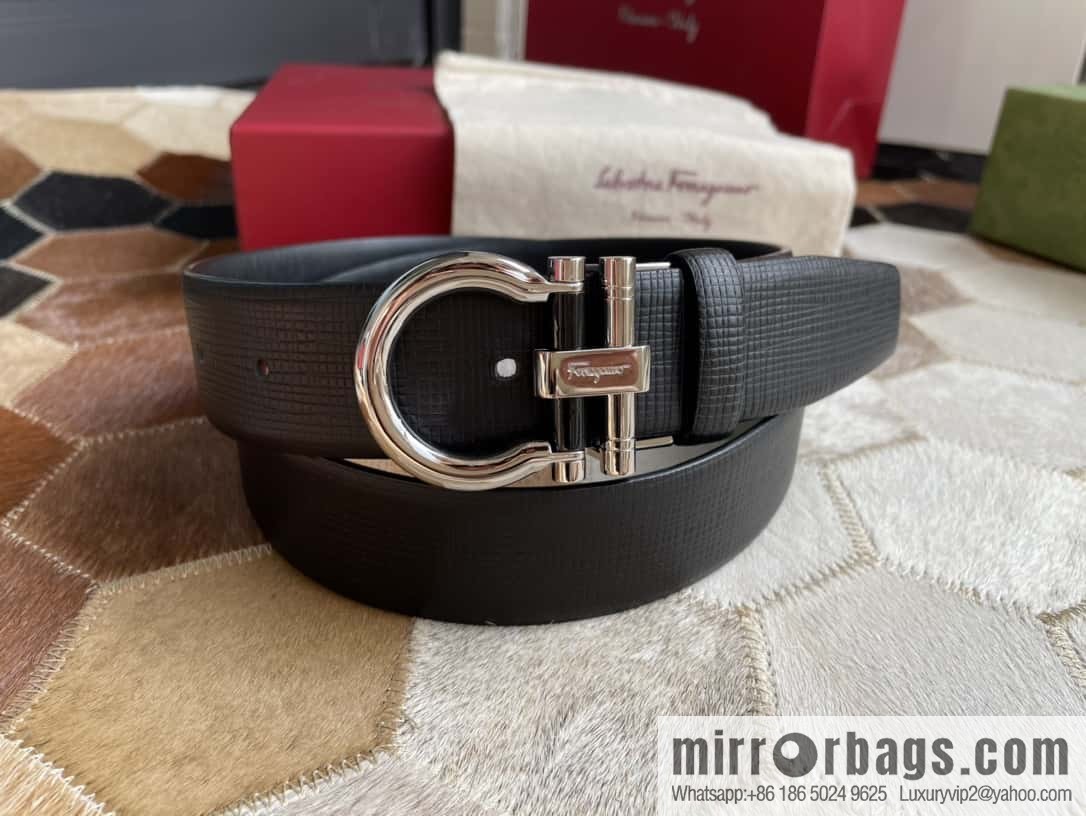 Salvatore Ferragamo (Italy) Men's Belt 3.5cm Imported First Layer Cowhide Pressed Texture Delicate Semicircular Metal Buckle Belt