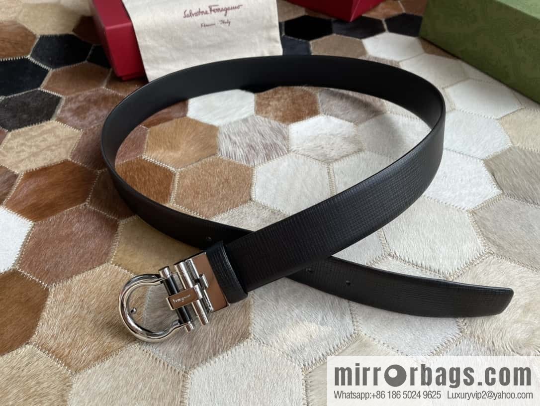 Salvatore Ferragamo (Italy) Men's Belt 3.5cm Imported First Layer Cowhide Pressed Texture Delicate Semicircular Metal Buckle Belt