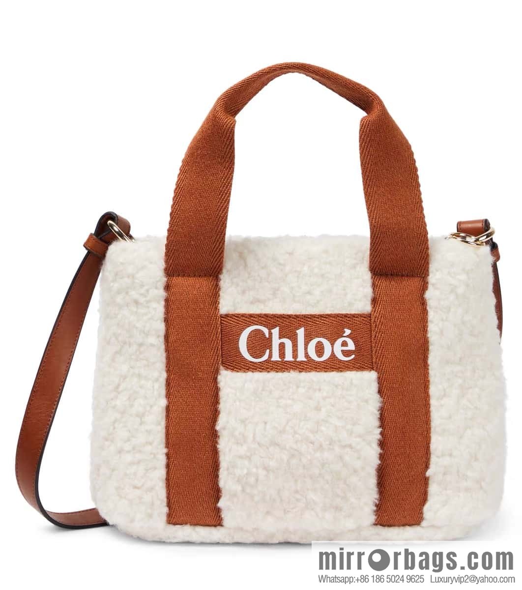 Chloe Woody Lamb Feather Tote Bag, Brown 25CM