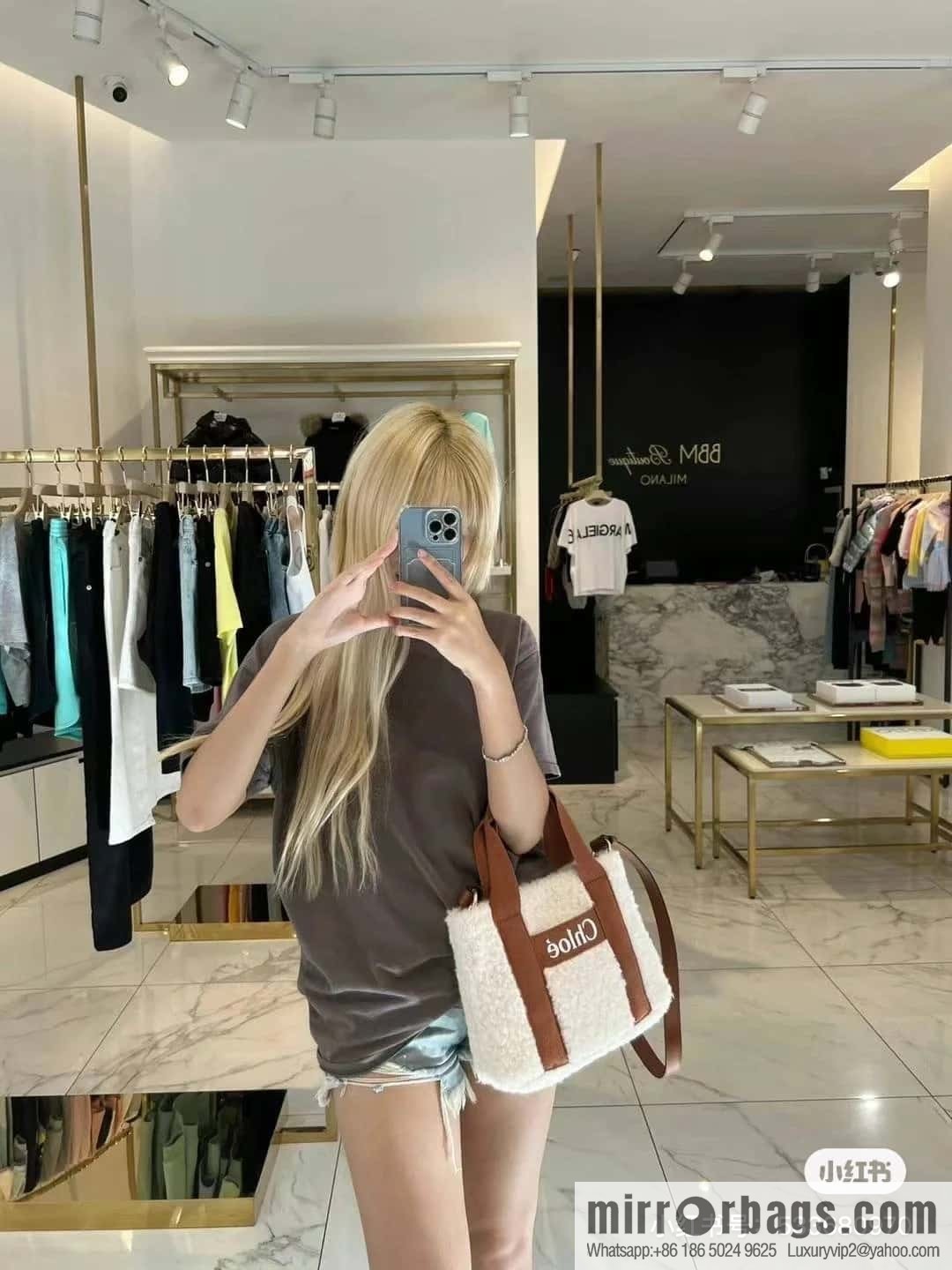 Chloe Woody Lamb Feather Tote Bag, Brown 25CM