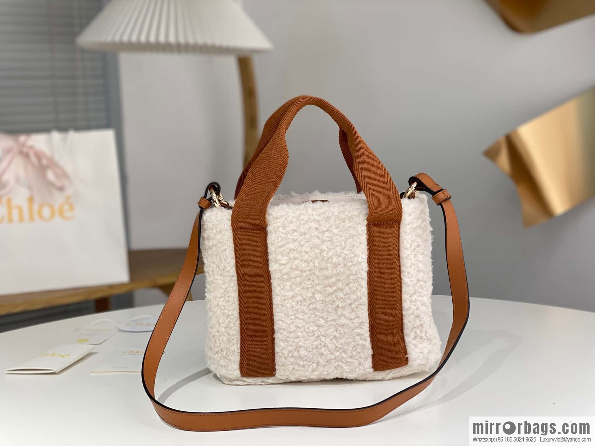 Chloe Woody Lamb Feather Tote Bag, Brown 25CM