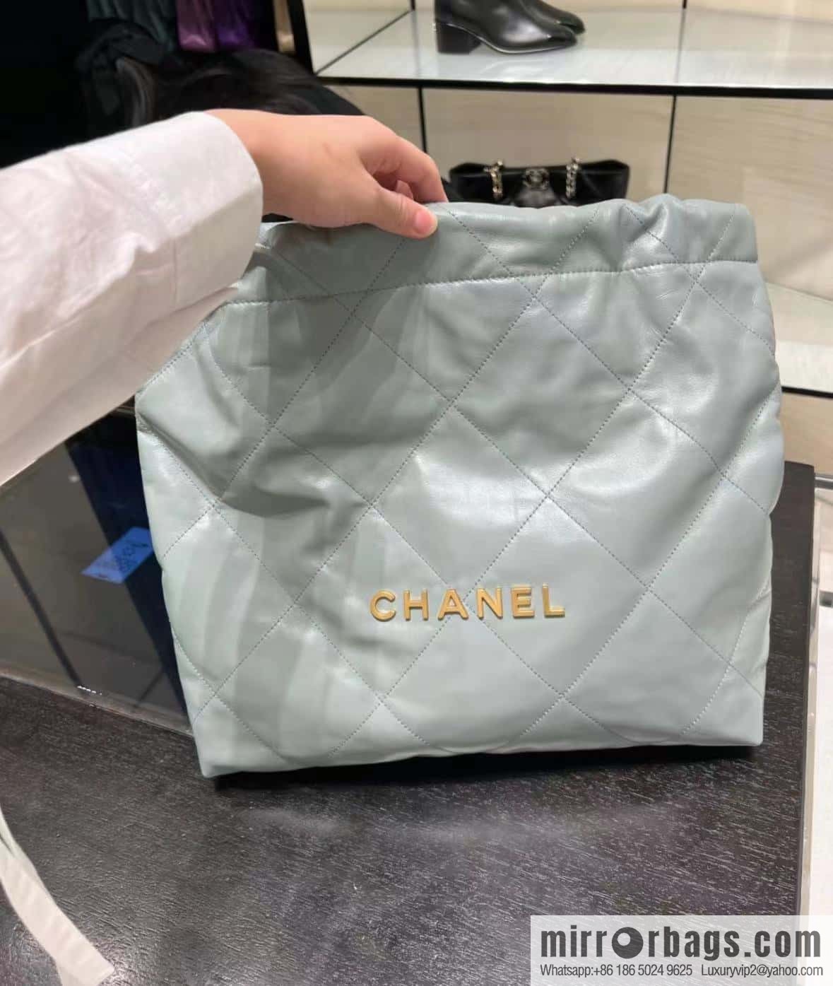 CHANEL 23C 22 handbag, genuine tail leather, haze blue, medium AS3261.