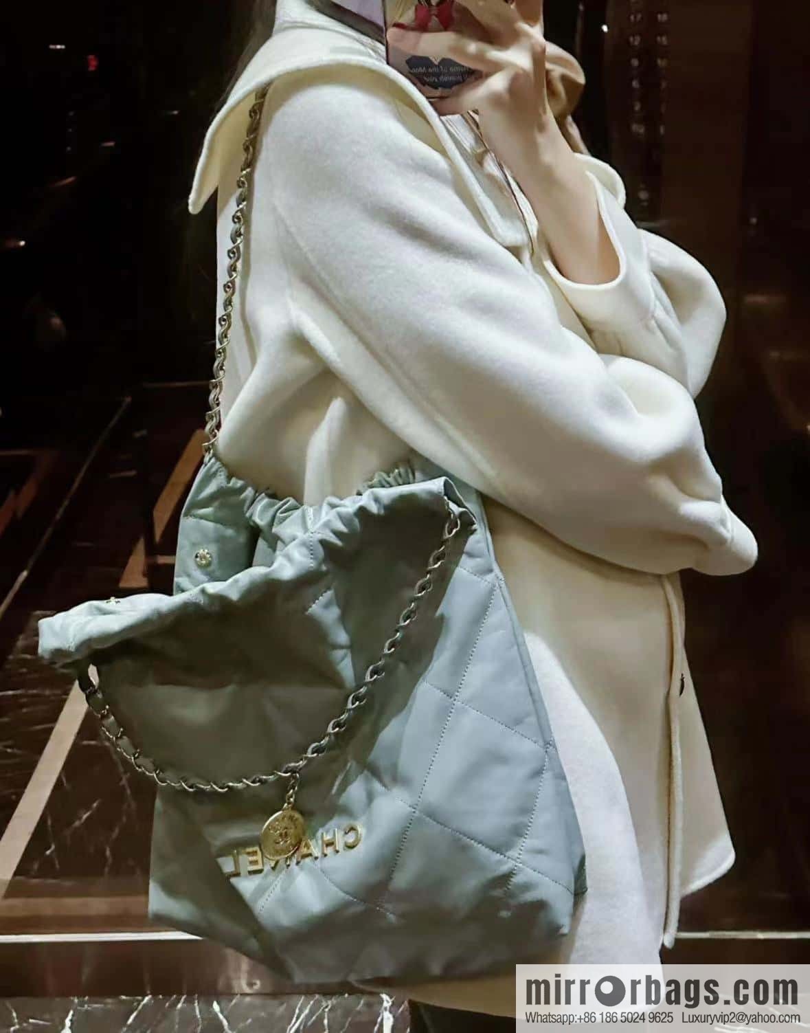 CHANEL 23C 22 handbag, genuine tail leather, haze blue, medium AS3261.