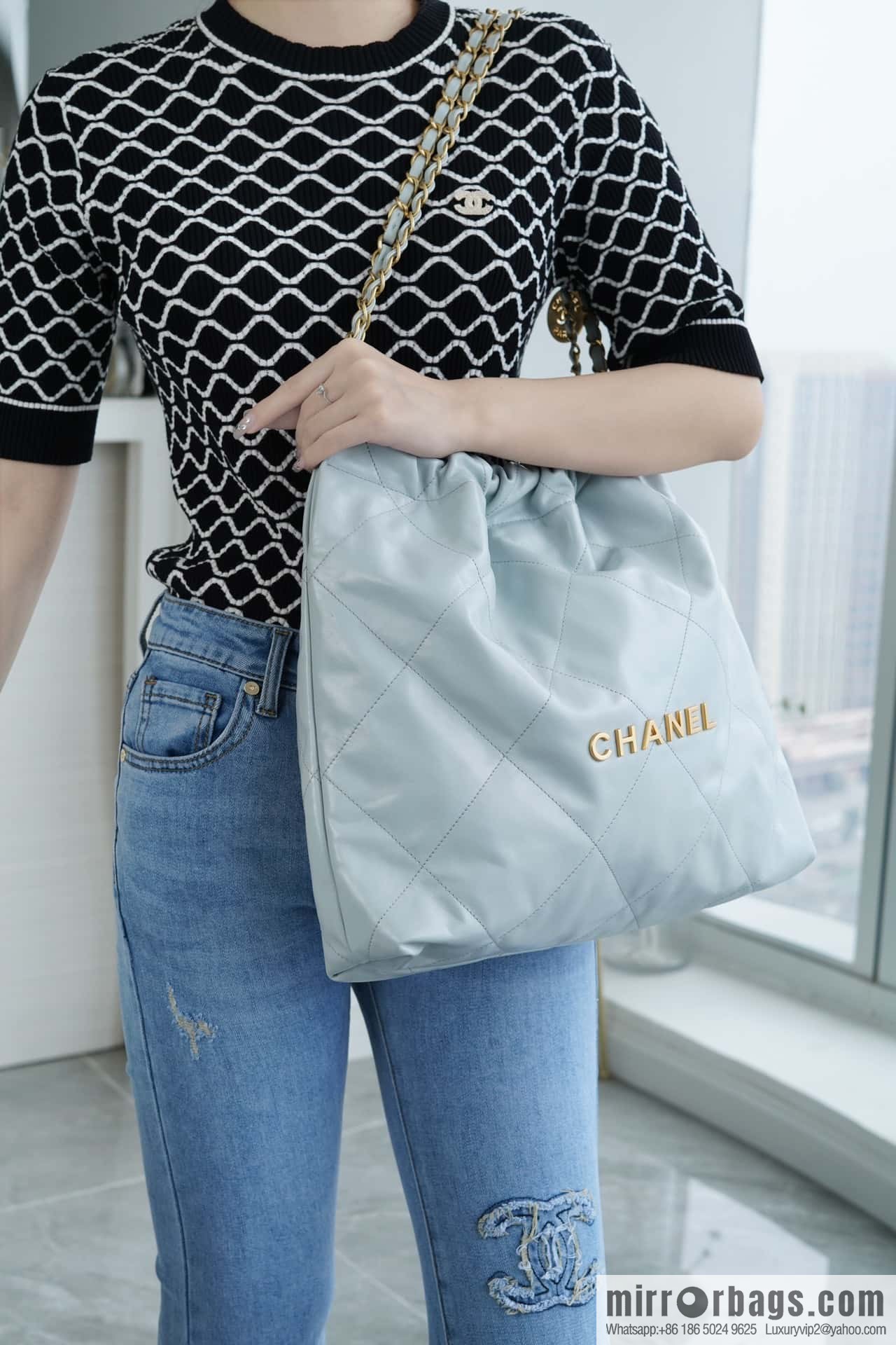 CHANEL 23C 22 handbag, genuine tail leather, haze blue, medium AS3261.