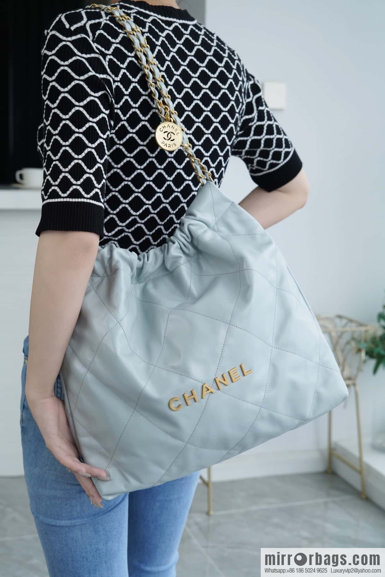 CHANEL 23C 22 handbag, genuine tail leather, haze blue, medium AS3261.