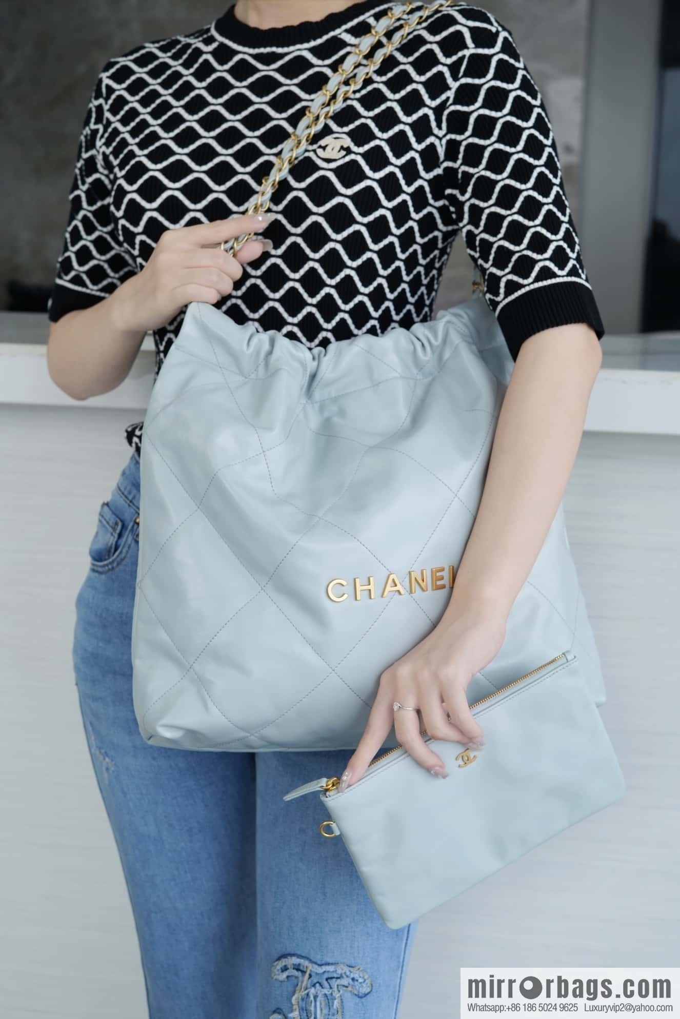 CHANEL 23C 22 handbag, genuine tail leather, haze blue, medium AS3261.