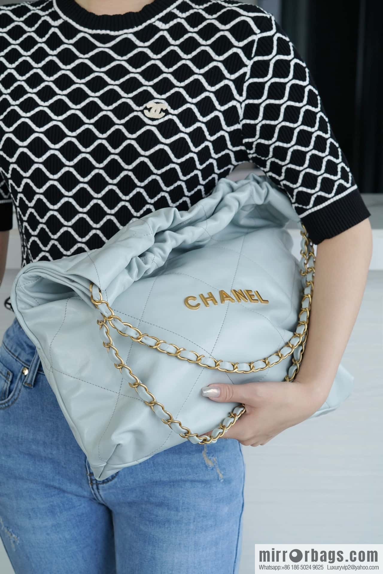 CHANEL 23C 22 handbag, genuine tail leather, haze blue, medium AS3261.