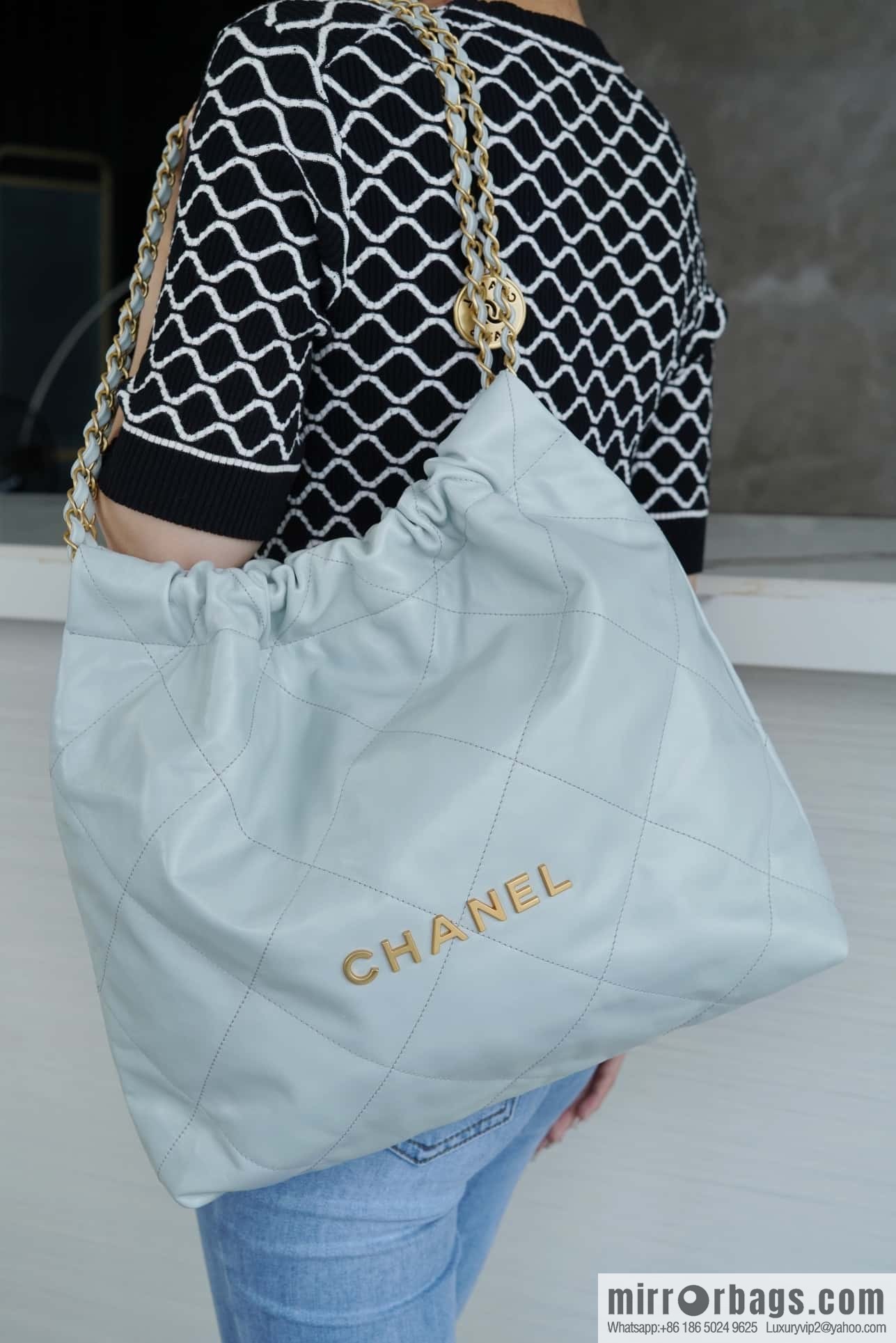 CHANEL 23C 22 handbag, genuine tail leather, haze blue, medium AS3261.