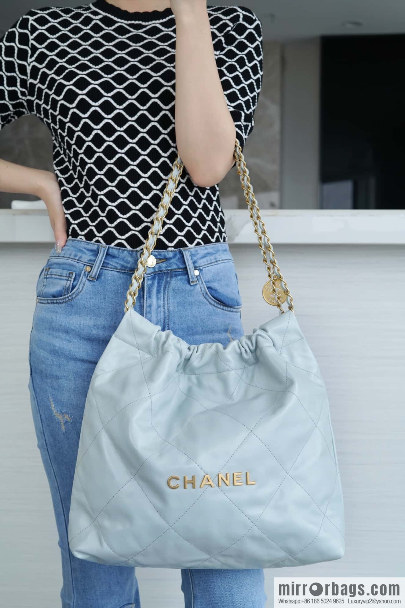 CHANEL 23C 22 handbag, genuine tail leather, haze blue, medium AS3261.