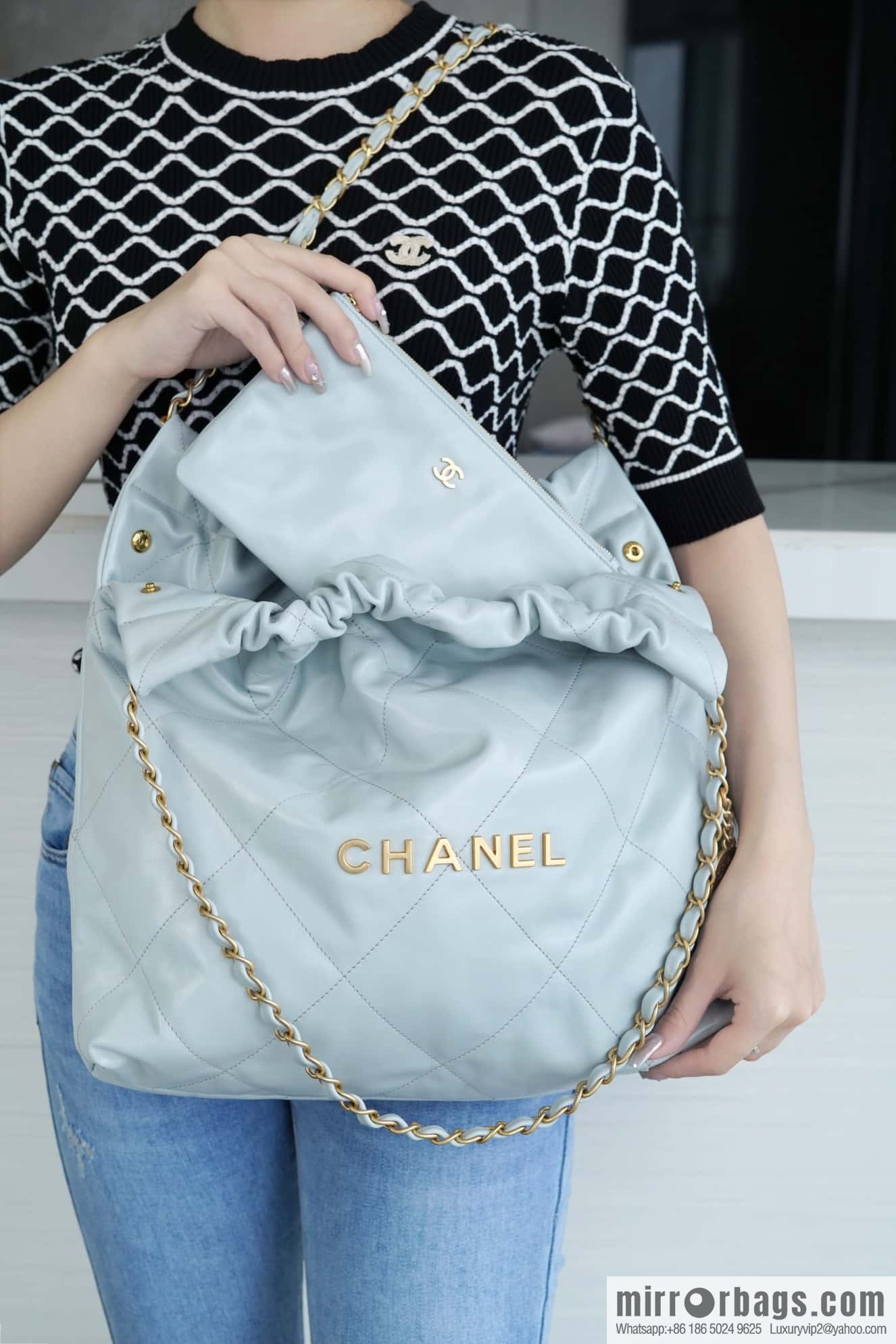 CHANEL 23C 22 handbag, genuine tail leather, haze blue, medium AS3261.