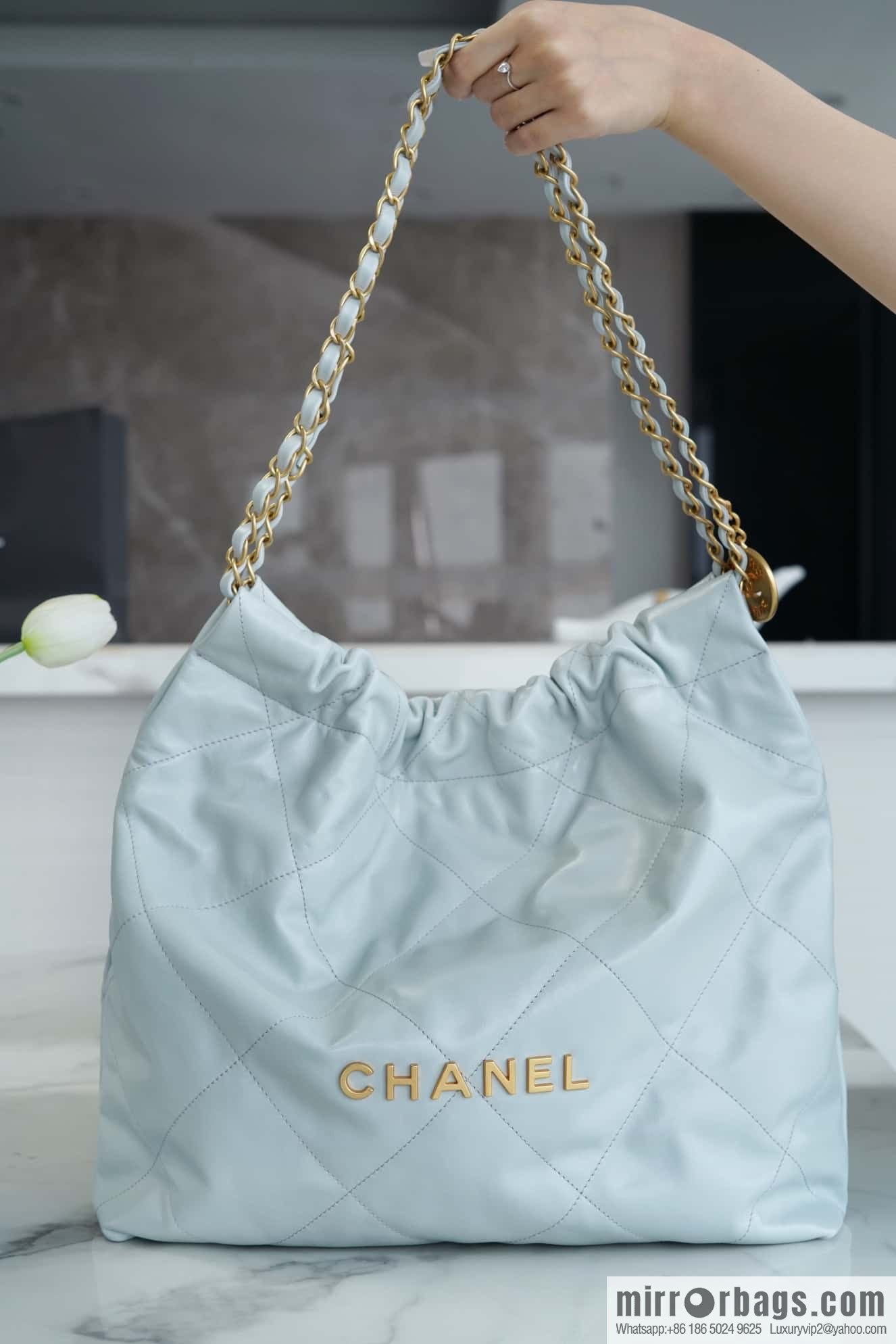 CHANEL 23C 22 handbag, genuine tail leather, haze blue, medium AS3261.