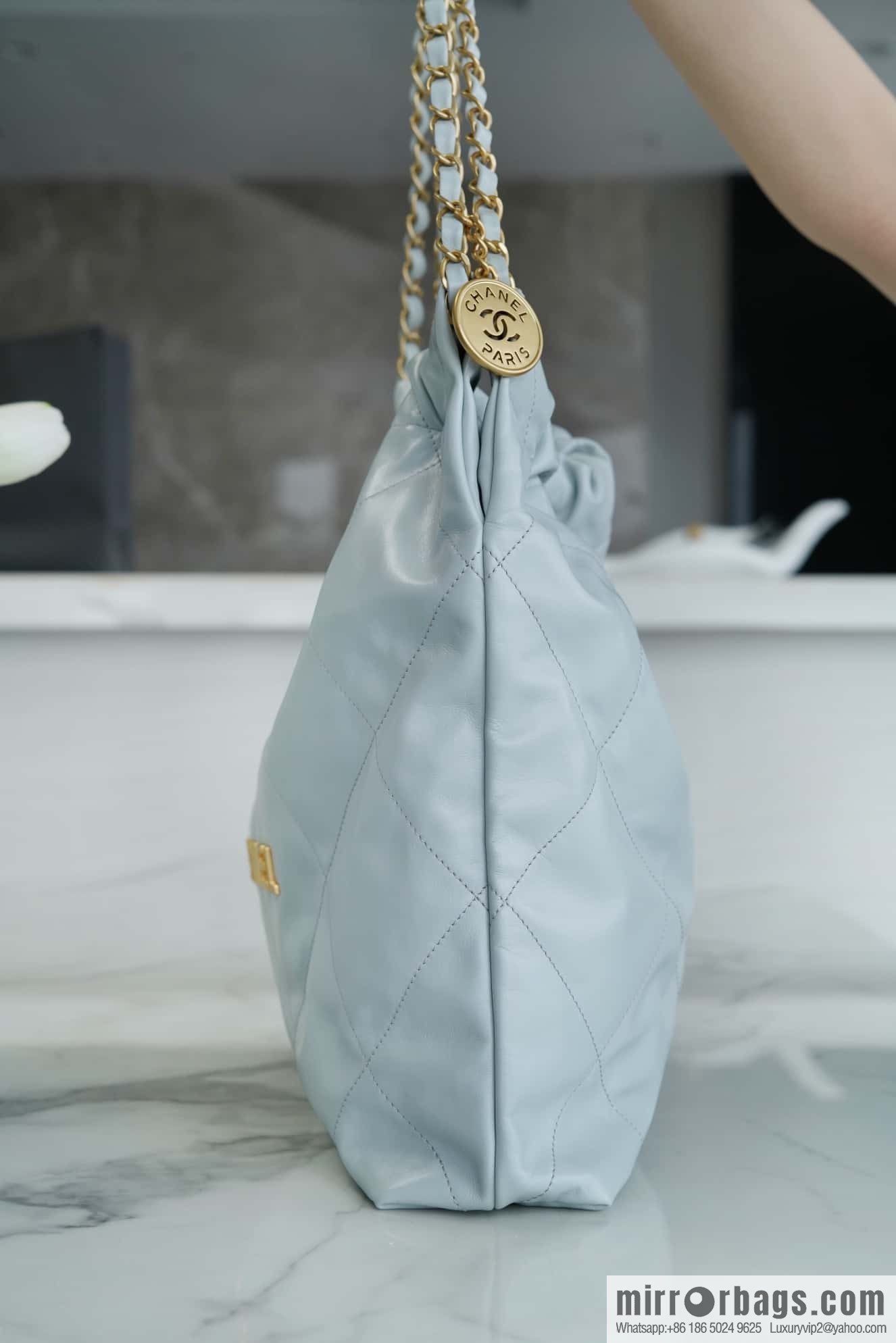 CHANEL 23C 22 handbag, genuine tail leather, haze blue, medium AS3261.