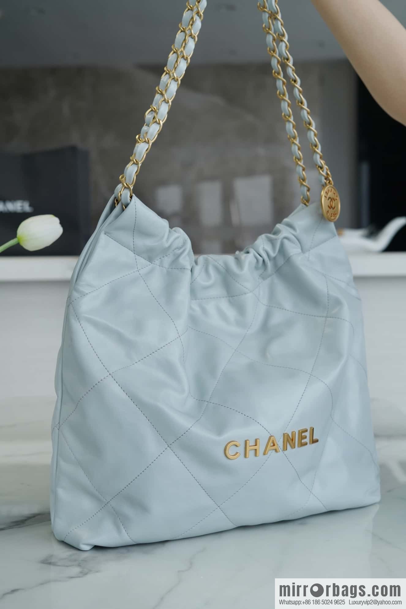 CHANEL 23C 22 handbag, genuine tail leather, haze blue, medium AS3261.