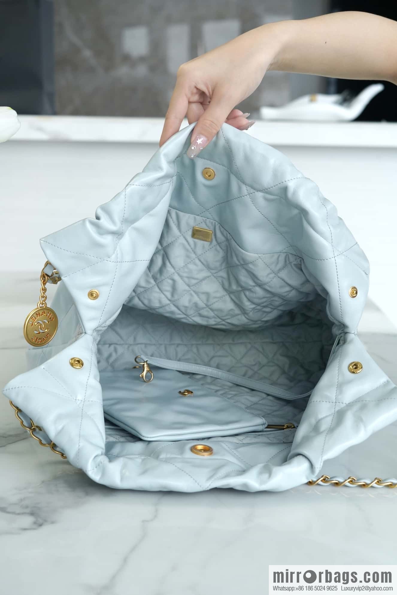 CHANEL 23C 22 handbag, genuine tail leather, haze blue, medium AS3261.