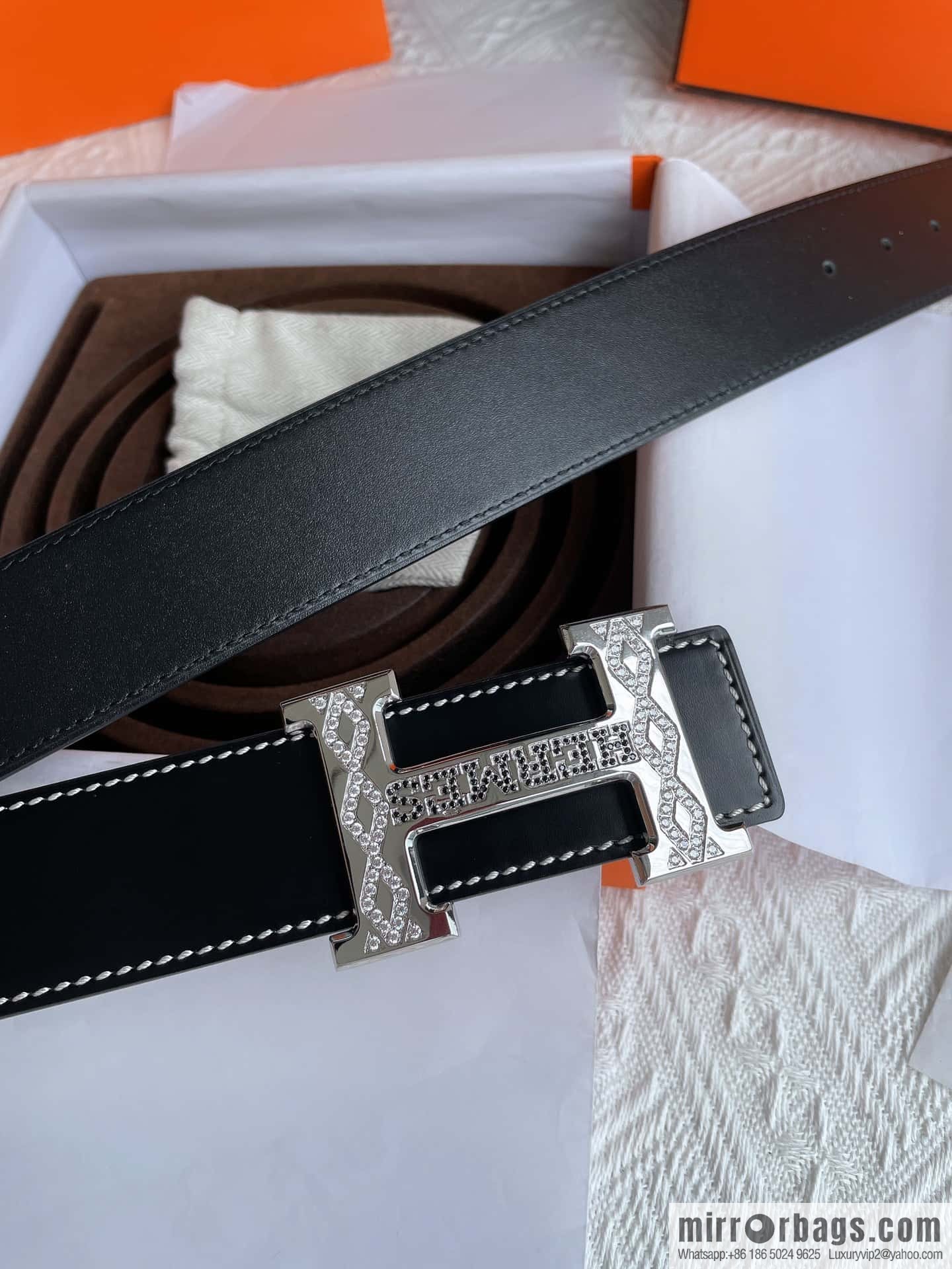 Hermès, stainless steel h inlaid with diamond metal buckle men's 3.8cm first-layer cowhide belt