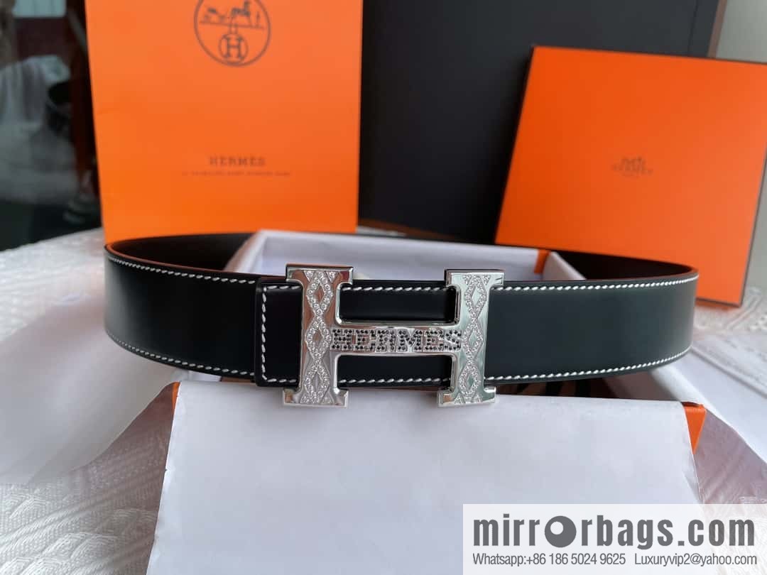 Hermès, stainless steel h inlaid with diamond metal buckle men's 3.8cm first-layer cowhide belt