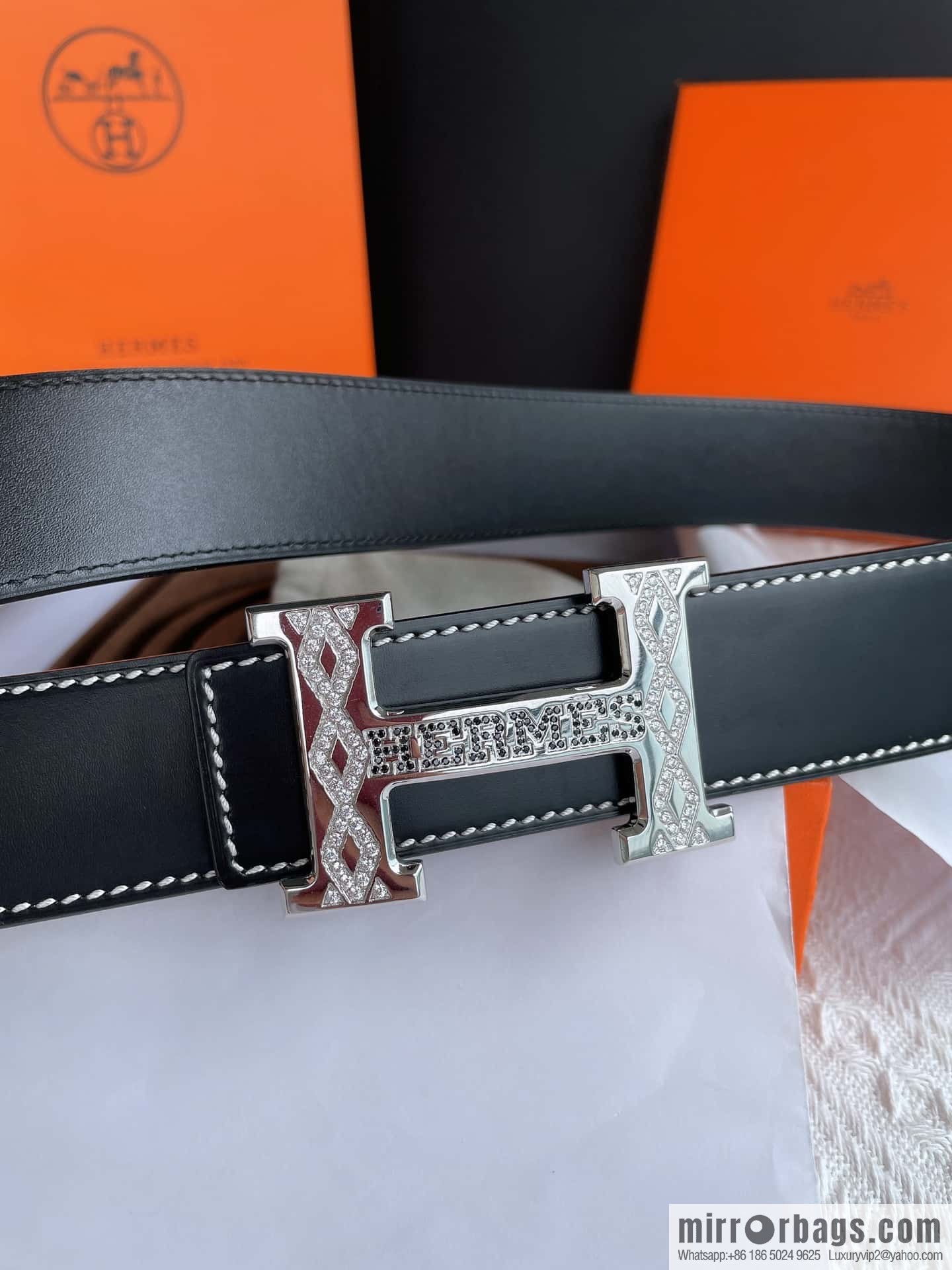 Hermès, stainless steel h inlaid with diamond metal buckle men's 3.8cm first-layer cowhide belt