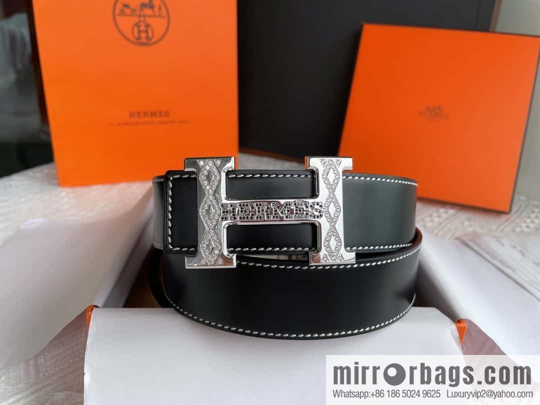 Hermès, stainless steel h inlaid with diamond metal buckle men's 3.8cm first-layer cowhide belt
