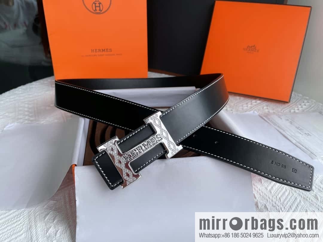 Hermès, stainless steel h inlaid with diamond metal buckle men's 3.8cm first-layer cowhide belt